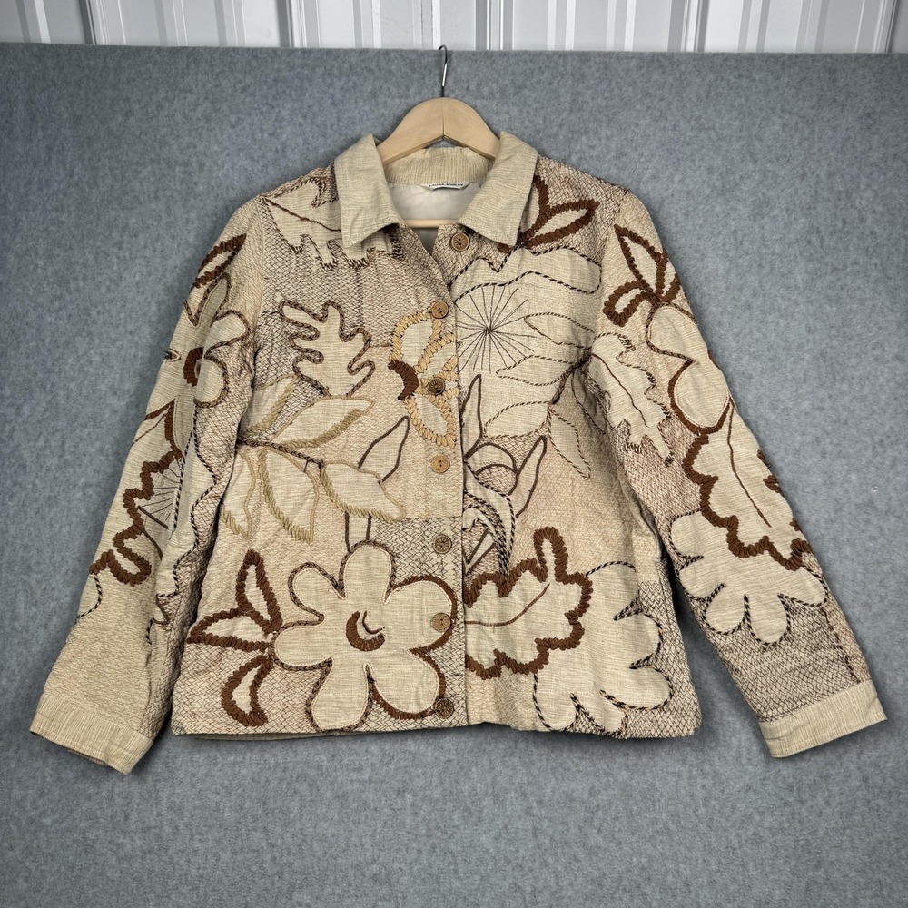 Laura Ashley Jacket Womens Medium Beige Floral Embroidered Cotton Silk Blend